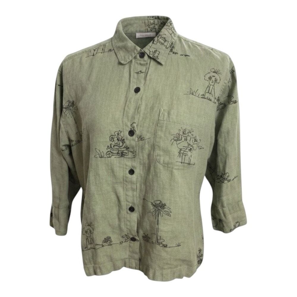 Chico's Button Down Shirt Women Size 0 (4) Green Linen Animal Print Casual